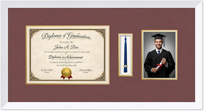 Diploma Tassel and Photo Frame Bright White Shadowbox Dark Red Over Gold Mat - Fits 11.69 x 8.27 Degree Picture Made in the USA