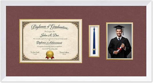 Diploma Tassel and Photo Frame Bright White Shadowbox Dark Red Over Gold Mat - Fits 11.69 x 8.27 Degree Picture Made in the USA