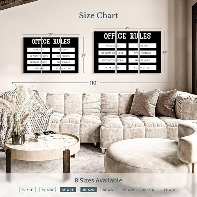 Elephant Stock - Office Rules Wall Art - Horizontal Multi Panel Canvas - 3 Piece Home Office Wall Decor - Digital Art Motivational Typography Multi Piece Wall Art - Black And White Decor by Cad Designs - 45" x 28"