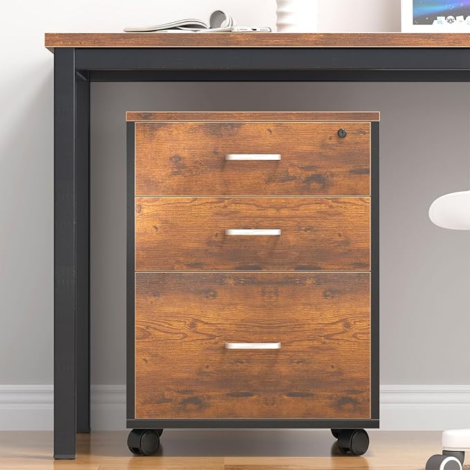 Need 3 Drawer Wood Mobile File Cabinet with Lock,Rolling Filing Cabinet for Letter/A4 Size for Home Office,Rustic Brown ND-10CZLXFC04FG