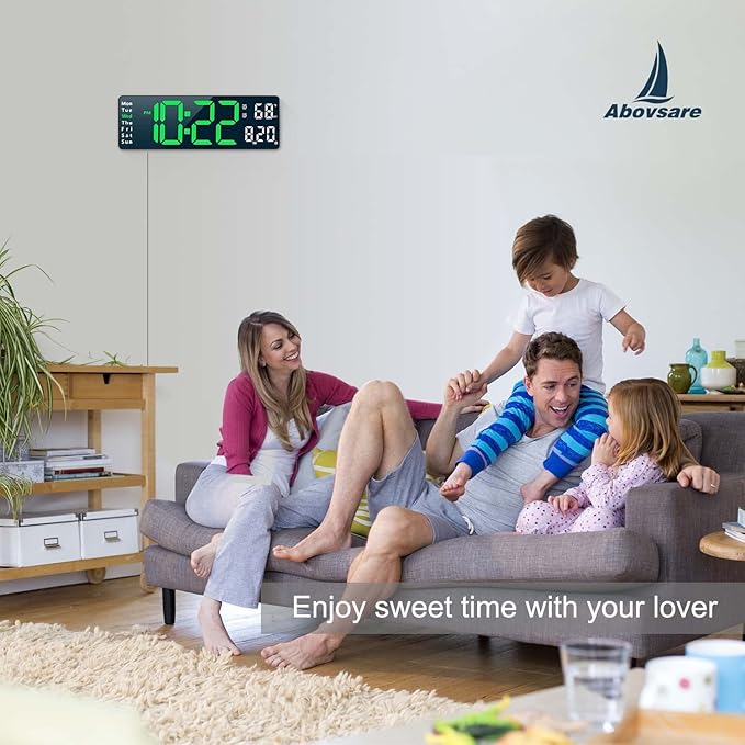 Digital Clock, Digital Wall Clock for Living Room Decor, Desk Alarm Clock for Bedroom, Large Wall Clock with Remote Control, Automatic Brightness Dimmer LED Clock with Date Temperature Week (Green-B)