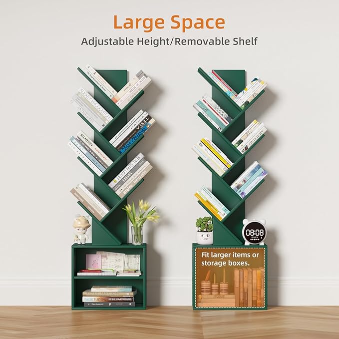10 Tier Tree Bookshelf,Christmas Green Bookcase for Narrow Space, Storage Organizer Floor Standing Bookshelves for Books, Tall Book Case for Home Office, Living Room, Bedroom