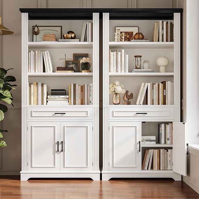 SEDETA Farmhouse Bookshelves and Bookcases with Doors and Drawer, Bookshelf with Storage, Floor Standing 6 Shelf Display Storage Shelves 70 in Tall Bookshelf for Home Office, Living Room, White