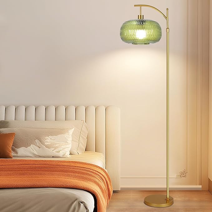 Green Floor Lamp for Living Room,Bedroom,Gold Dimmable Standing Lamp with Remote,Mid Century Modern Brass Tall Lamp Boho Floor Lamps Arc Stained Glass Floor Light Lamp Girls Bohemian