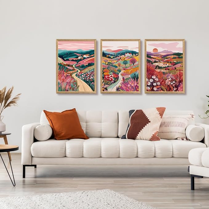 Hianan Colorful Boho Landscape Wall Art, Nature Watercolor Floral Wall Decor, Bright Mountain Water Canvas Painting, Modern Sunsets Landscape Poster Print For Living Room Bedroom Wood Framed 12"x16"x3