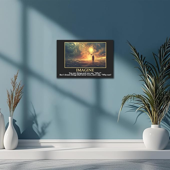 UZMKM - Inspirational Wall Art, Black Background Motivational Mindset Imagine Picture, Quote Saying Canvas Print for Home Office Decor, Company Poster Framed Artwork for Office Wall Decor 12x18 Inch