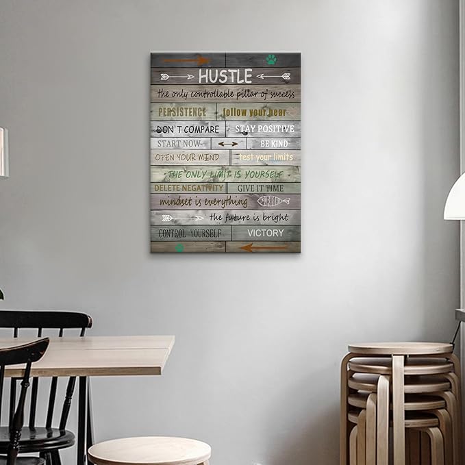 Inspirational Canvas Wall Art Motivational Hustle Sign Painting Retro Picture Poster Positive Motto Office Quotes Print Artwork for Living Room Bedroom Framed Stretched Ready to Hang [18''Wx24''H]
