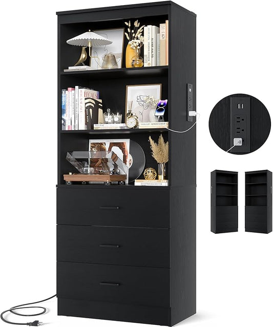 Aheaplus 71 Inches Bookshelf with USB Ports and Outlets, Wooden Bookcase with 3 Drawers & Open Shelves, 6-Tier Tall Storage Cabinet Book Shelf Storage Organizer for Living Room, Home Office, Black