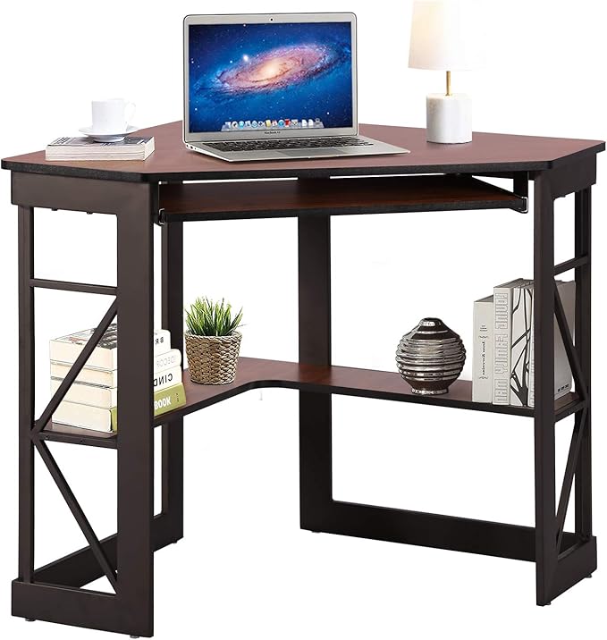 VECELO Corner Computer Desk 41 x 30 inches with Smooth Keyboard & Storage Shelves for Home Office Workstation, Teakwood Brown