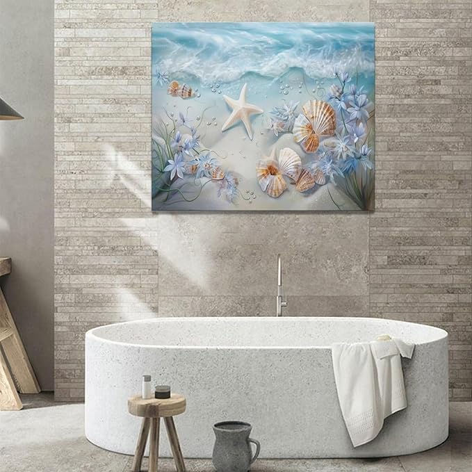 Beach Seashell Bathroom Wall Art Coastal Floral Pictures Wall Decor Flower Starfish Canvas Painting Modern Decoration Artwork for Bathroom Living Room Bedroom Office Framed 24"x20"