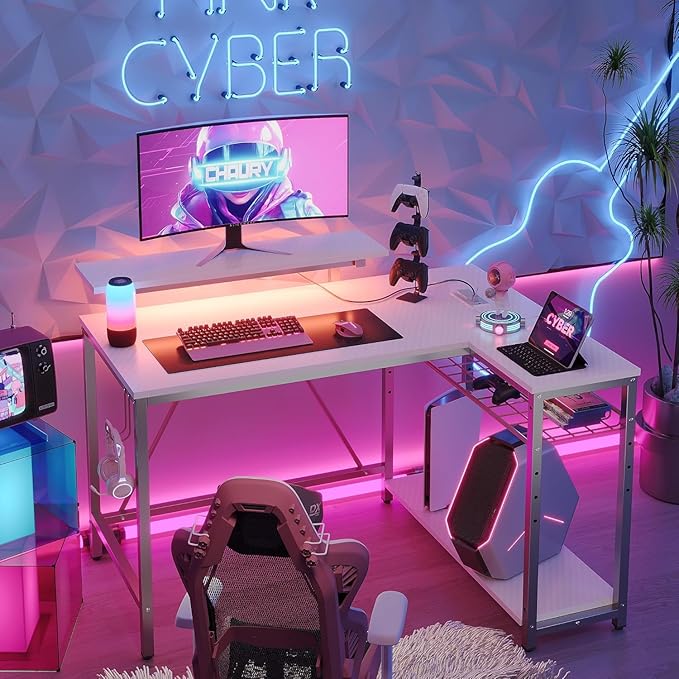Bestier White Computer Desk with Charging Port & LED Strip,42 inch Modern Gaming Desk with Reversible Storage Shelves,Small L Shaped Desk with Hooks for Home Office
