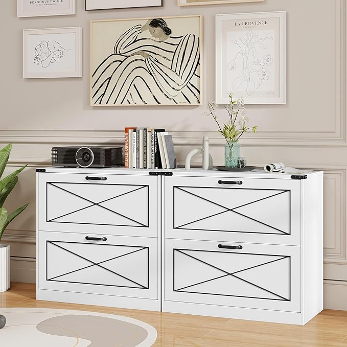 Vabches Lateral File Cabinet with 2 Drawers, Farmhouse Filing Cabinet Office File Cabinet with File Drawers, Wood Rustic Storage Cabinet File Organizer for Home Office, Living Room, White