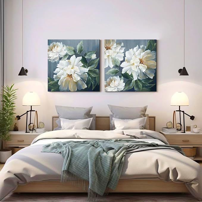 SEVEN WALL ARTS White Flower Canvas Wall Art Blooming Floral Painting Abstract Flowers Navy Blue Pictures Modern Artwork for Living Room Bedroom Bathroom 24"x24"