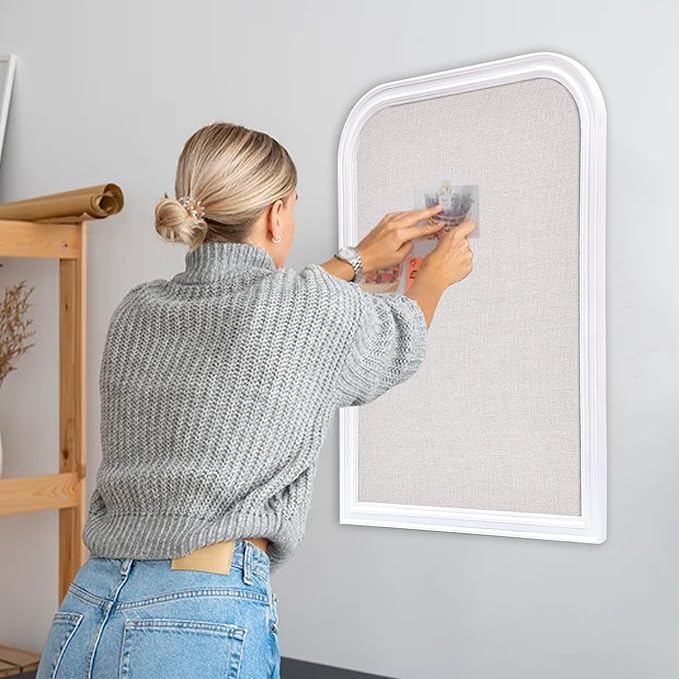 Bulletin Board with Linen, 31.5x23.6 inches Bulletin Board with White Wood Style Frame, Decorative Hanging Pin Board Vision Board Message Board for Office School Home Decor(2R&2S,L-6080,1p)