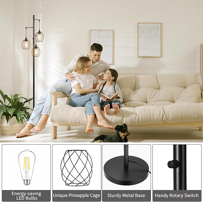 Sucolite 70" Dimmable Floor Lamp for Living Room, Industrial 3-Light Tree Floor Lamp Black with Cages, Farmhouse Rustic Tall Standing Lamp Floor Lighting for Bedroom Office, LED Edison Bulbs
