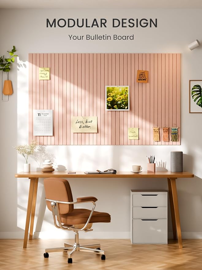 Bumusty Large Cork Board Alternative-36 x 24" Felt Bulletin Board Tiles, with 30 Pushpins, 40 Adhesive Tabs, 6-Pack Slat Wall Paneling, Cork Boards for Office Push Pin Board Felt Board-Pink
