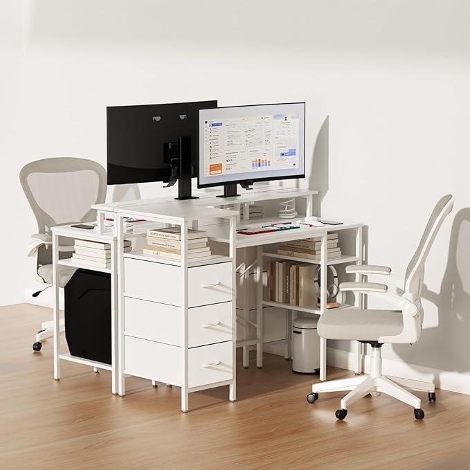 VINGLI 47 Inch L-Shaped Computer Desk, Small Computer Gaming Desk with Fabric Drawers & Storage Shelves, Charging Station, Monitor Stand for Home, Office, White