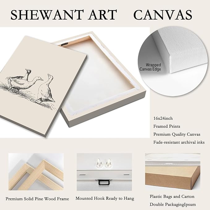 Framed Vintage Duck Canvas Wall Art Minimalist Abstract Animal Picture for Wall Decor Antique Vintage Painting Farmhouse Wall Decor Country Farm Animal Artwork for Living Room Decor, Ready to Hang