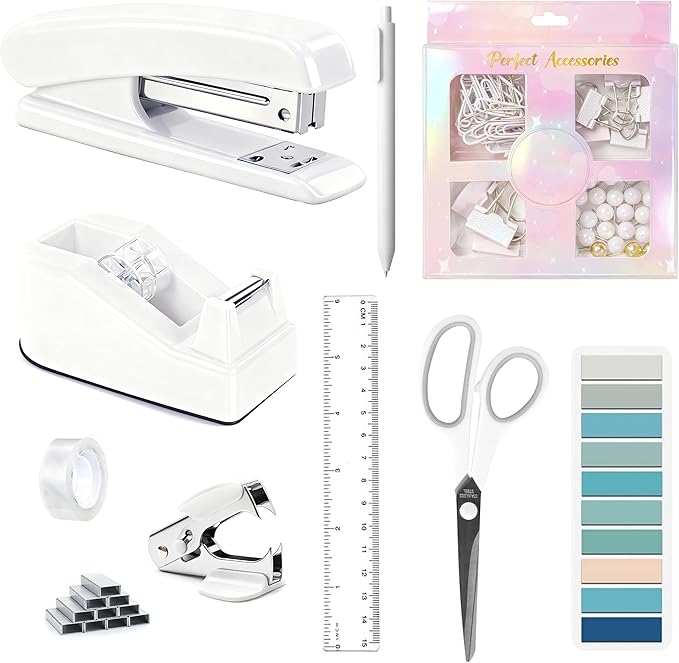 Office Desk Accessories, White Office Supplies Accessories with Tape Dispenser, Stapler, Staple Remover, 1000 Staples, Tape, Clips Set, Ruler, Scissor, Pen