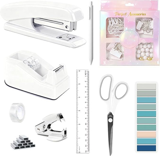 Office Desk Accessories, White Office Supplies Accessories with Tape Dispenser, Stapler, Staple Remover, 1000 Staples, Tape, Clips Set, Ruler, Scissor, Pen