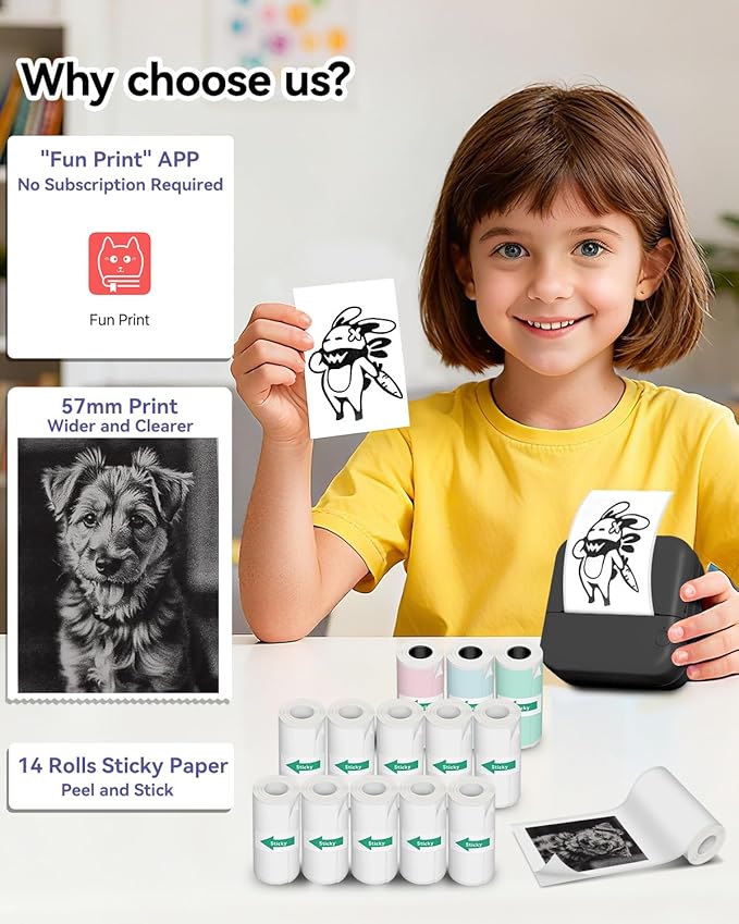 Aptika Sticker Printer - Print Pod 2.0 Mini Printer with 14 Rolls Sticky Paper, Thermarote Portable Sticker Maker Machine, Thermal Label Maker, Thermanote Labeller for Photos Notes Graphics, Black
