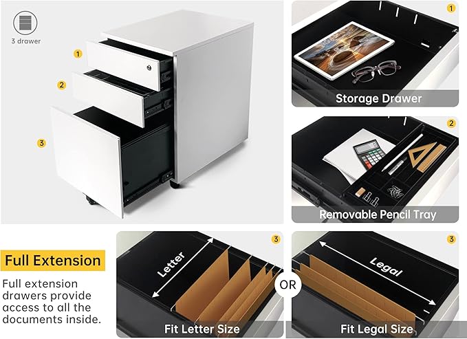 3 Drawer Locking Mobile Metal Storage, File Cabinet for Home or Office, Assembled (Except Casters), White