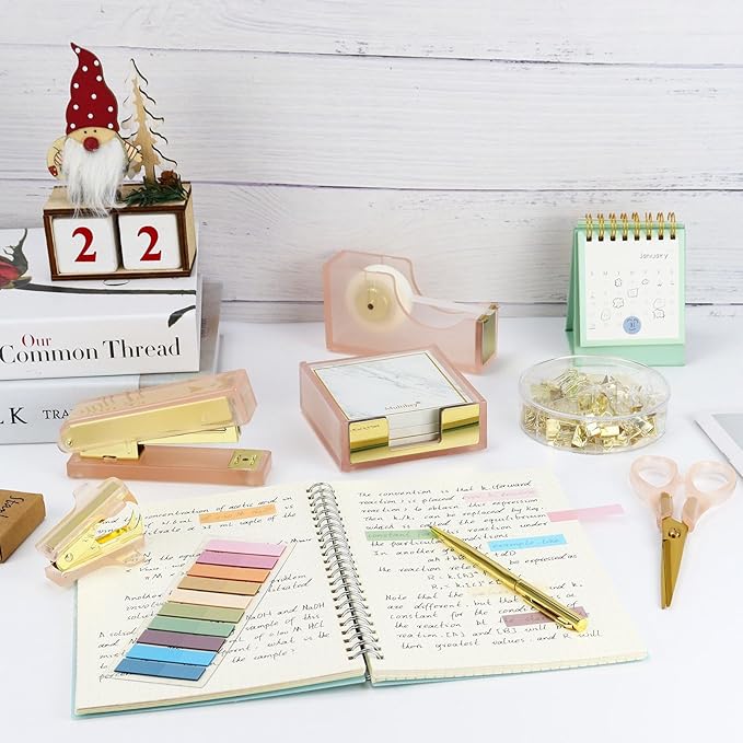 MultiBey Pink Gold Acrylic Sticky Notes Holder Stapler and Tape Dispenser Cutter with Sticky Notes, 950 Staples & Tape, Staple Remover, Scissor, Ballpoint Pen, Paper Clips Set for Women Office Home