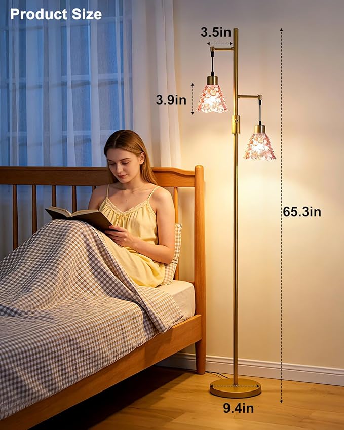 Lightdot 65IN Glass Floor Lamp for Living Room, 2- Light Gold Floor Lamps with Rose Red Glass Shade& 3000K Warm White Bulbs, Modern Standing Tall Lamp for Bedroom/Corner Beside/Home Decor