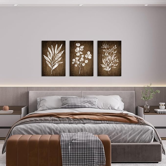 Conipit Rustic Botanical Wall Art Canvas Brown Botanical Painting Minimalist Vintage Leaf Plant Artwork Prints Framed For Living Room Bedroom Wall Decor 16''X24''X3pcs