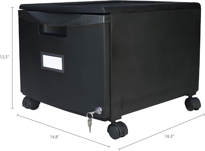 Storex Plastic One-Drawer File Cabinet – Locking Document Organizer with Casters for Home and Office, Black, 1-Pack (61264A01C)