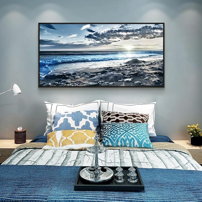 Black Framed Canvas Wall Art - Large Size, Modern Office & Bedroom Decor - Blue Beach Ocean Seascape Prints - 30"X60"