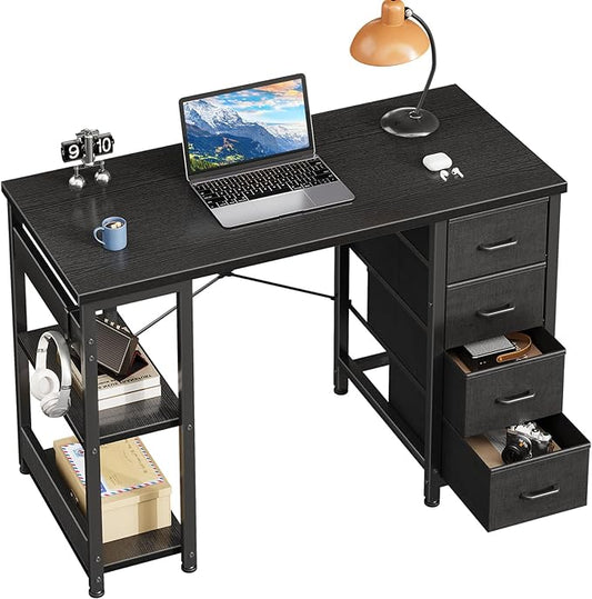 Casaottima 40 Inch Small Computer Desk with 4 Fabric Drawers, Modern PC Desk for Small Spaces, Home Office Desk with Storage Shelves, Black