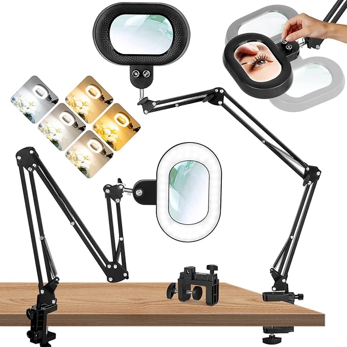 12X Magnifying Glass with Light, Three-axis Rotation Infinite Color Dimmable Magnifying Lamp, Large Lighted Magnifier Workbench Light for Close Work, Craft, Reading,Sewing(12X 35in Oval Clamp)