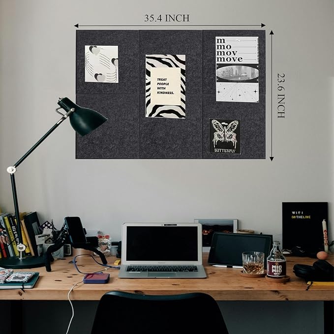 Large Cork Board for Wall 36" x 24", Gray Bulletin Board, 6 Pack Felt Cork Tiles with 30 Colored Pushpins, Corkboards for Office, School, Home