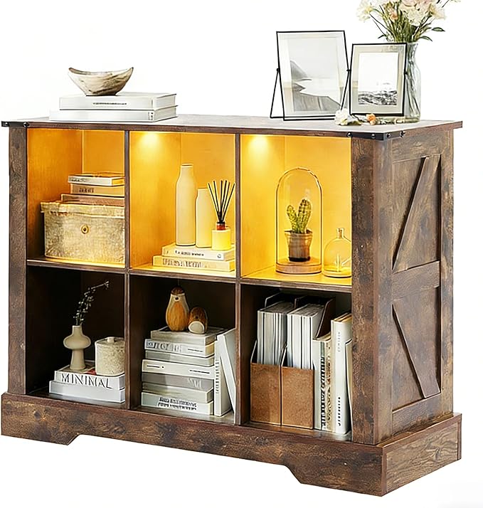 6 Cube Storage Organizer, 2 Tier Book Shelf with Led Lights, Farmhouse Book Shelves for Living Room, Horizontal Toy Storage Bookshelf, Wood Display Bookcase Cabinet for Bedroom, Office, Brown