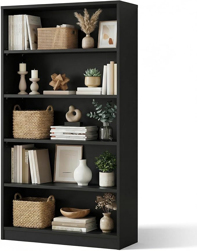 5 Tier Wooden Bookshelf, 60" H Tall Book Shelf with Adjustable Shelves, 33" Wide Bookshelf for Home Office, Living Room