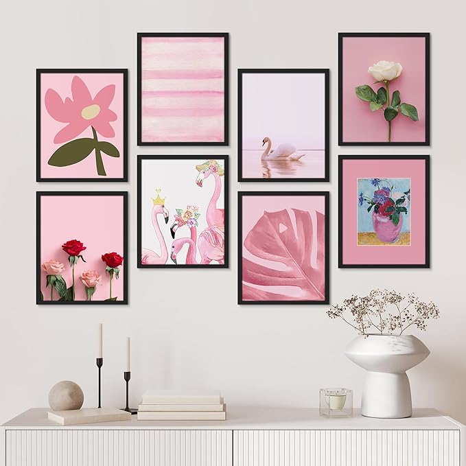SIGNWIN Framed Poster Bathroom Decor 11"x14"x 8 Black, Wall Art Room Decor Multicolor for Living Room, Bedroom, Office Pink Swan Botanical Flower Daisy Rose Monstera Nature Abstract Shapes