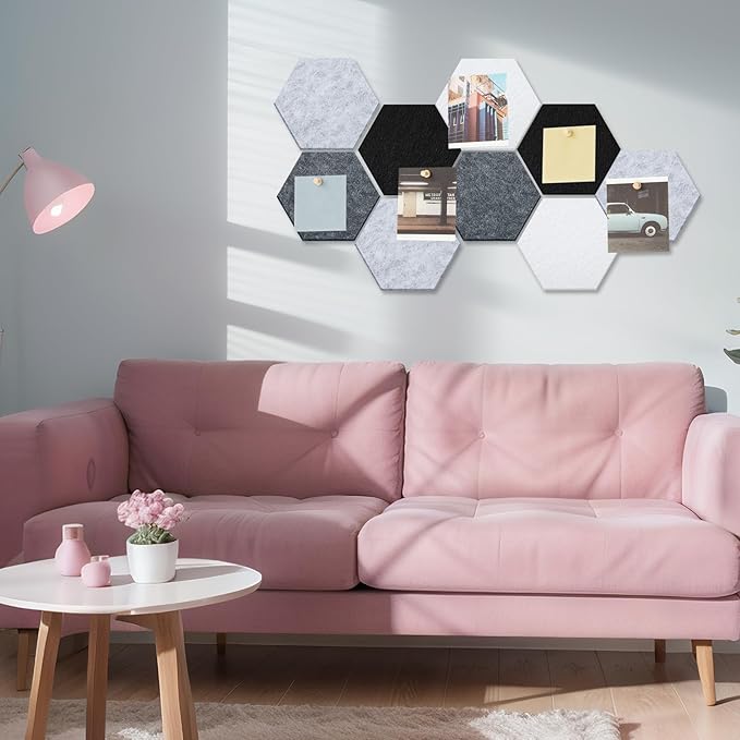 16 Pcs Hexagon Cork Board for Walls with 50 Wooden Push Pins 6.7 x 5.9 in Felt DIY Tiles Notice with Nano Tape Hanging Bulletin Board for Home Photo Office Memo Note(Grey)