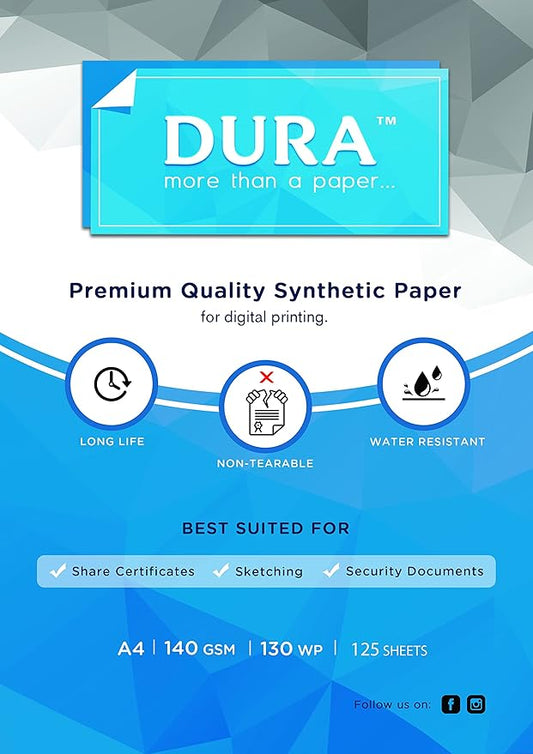 DURA Tear-proof Paper | White | A4 size | 140 GSM | 125 Sheets | For Digital Printing Purposes With Advanced Features & Longetivity