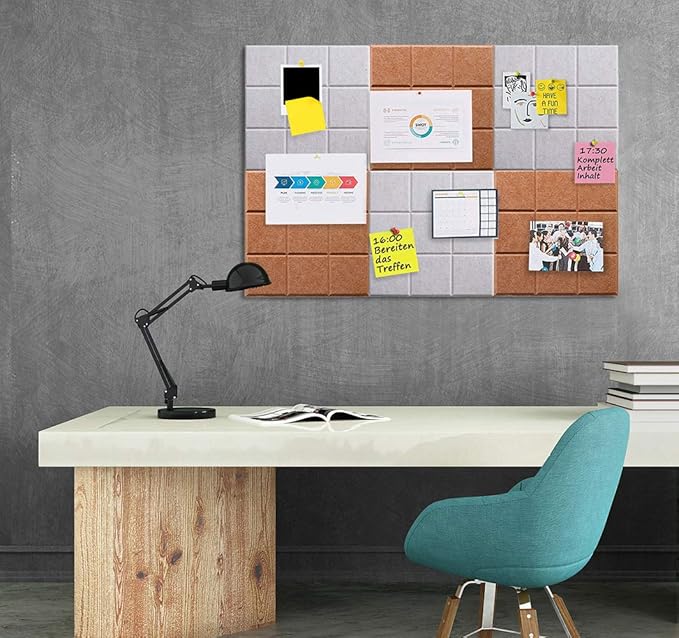 Large Felt Board Tiles for Wall with 30 Push Pins, 11.8"x11.8" Pack of 6 Pin Board Notice Boards for Home Office Kitchen, Bulletin Board Wall Tiles for Photos Memos (Orange+Grey, 6 Pack)