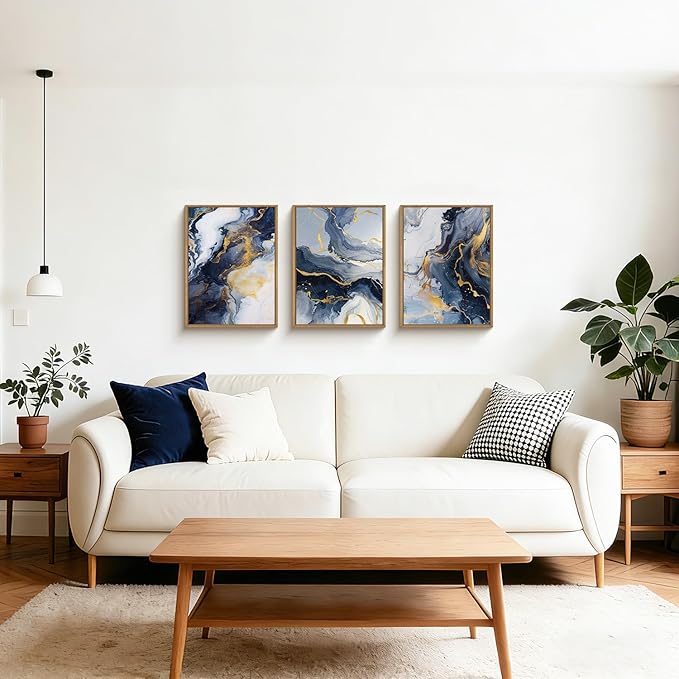 Abstract Navy Blue Framed Canvas Wall Art,Modern Gold Geometric Wall Decor,Vintage Ink Wash Painting,Neutral White Wave Artwork for Living Room,Bedroom,Dining Room,Office - 12"x16"x3