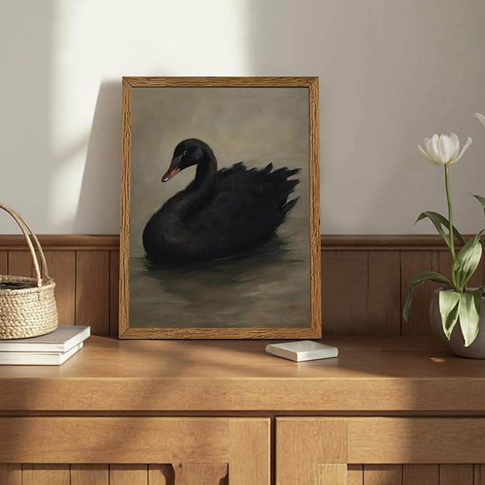 AVECCO Framed Vintage Gothic Black Swan Canvas Wall Art, Rustic Farmhouse Wall Decor, Unique Animal Art Prints for Kid's Room Bathroom Bedroom Living Room Office Home Decoration Ready to Hang 12x16 In