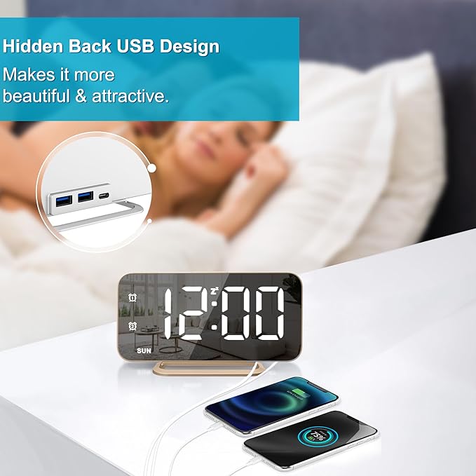 Slim LED Digital Alarm Clock, Mirror Surface for Makeup, with Diming, Large Display, Easy Setting, USB Ports, Modern Decor for Bedroom, Desk, Christmas, Birthday Idea Gift for Women, Sister, Mom, Pink