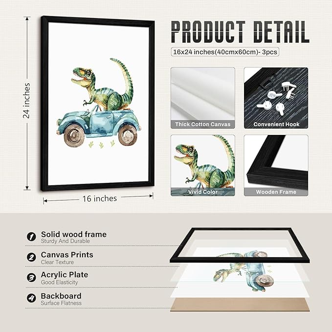 Dinosaur Nursery Wall Art Kids Canvas Poster Baby Boy Nursery Wall Decor Green Dino Pictures Toddler Prints Cartoon Dino Car Painting Boys Room Artwork for Bedroom Bathroom 16x24x3 Inch Wood Framed