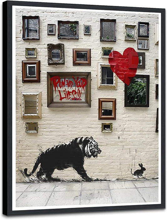 Inspirational Wall Art Run for Your Lives Motivational Posters Tiger and Rabbit Canvas Print Wall Decor for Office Classroom Living Room Decor Ready to Hang 12X16inch