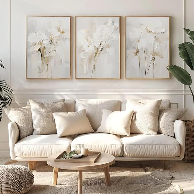 Neutral Wall Art Abstract Floral Canvas Pictures Beige Flower Wall Decor Modern Painting Minimalist Poster Abstract Botanical Prints White Artwork for Bedroom Living Room 12x16 Inch Unframed Set of 3