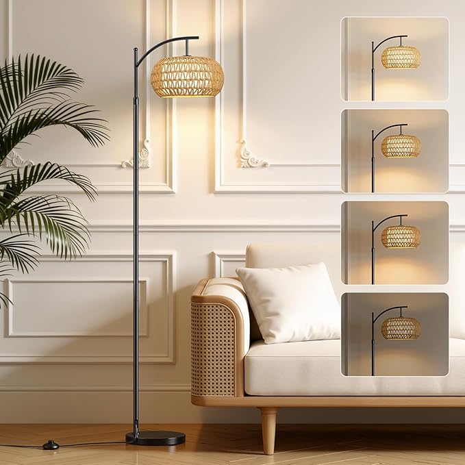 Arc Floor Lamps for Living Room Rattan Boho Floor Lamp with Shade, Boho Standing Lamp with Rattan & Fabric Shades, Adjustable Tall Lamp for Living Room Bedroom