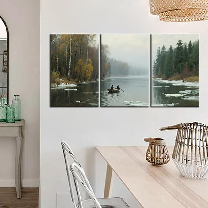 Nature Landscape Canvas Wall Art Mountain Forest Picture Painting River Scenery Posters Print Artwork for Home Bedroom Office Gallery Vintage Artwork for Walls Stretched and Framed [48''Wx24''H]