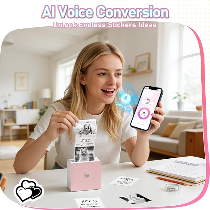 Phomemo Sticker Printer- Mini Thermal Sticker Printer Machine, Small Pocket Label Maker Instant Print for DIY Creation, Study Notes, Photos, Portable Inkless Photo Maker for Kids/Students, Pink