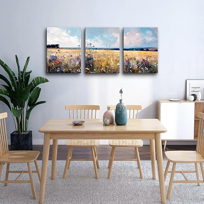 TTHYUEWS Wall Art For Bedroom Canvas Wall Decor For Living Room Field Scenery Wall Paintings Abstract Pictures Office Decorations Framed Prints Artworks Modern Bathroom Room Home Decor 3 Piece